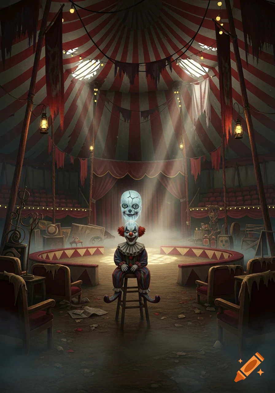 Creepy clown on a stool in a derelict circus tent, with a ghostly skull head floating above, bathed in dramatic light.