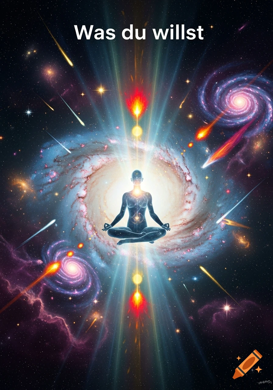 A silhouette of a meditating person floating in space, surrounded by galaxies, shooting stars, and glowing energy, with the text 'Was du willst' at the top.