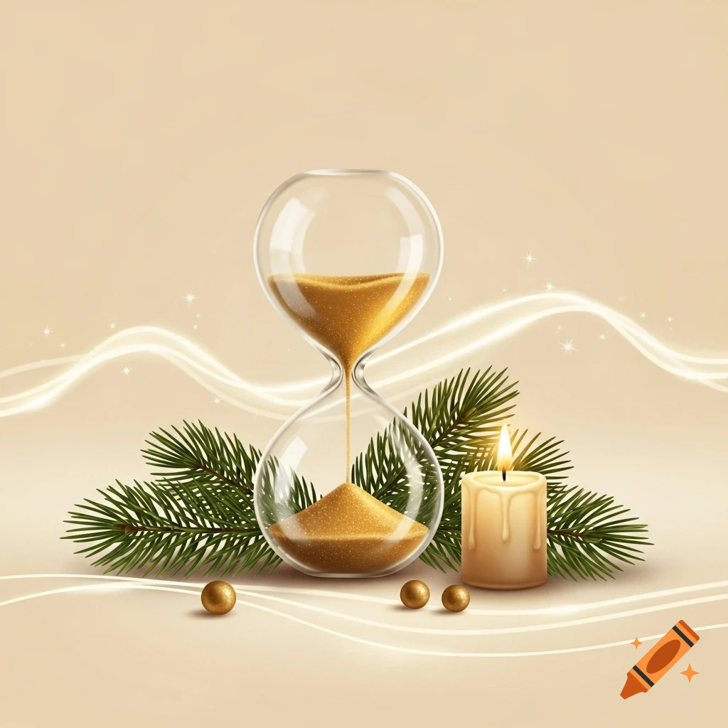 A minimalist Christmas still life with an hourglass, lit candle, pine branches, and golden balls on a warm cream background with glowing lines.