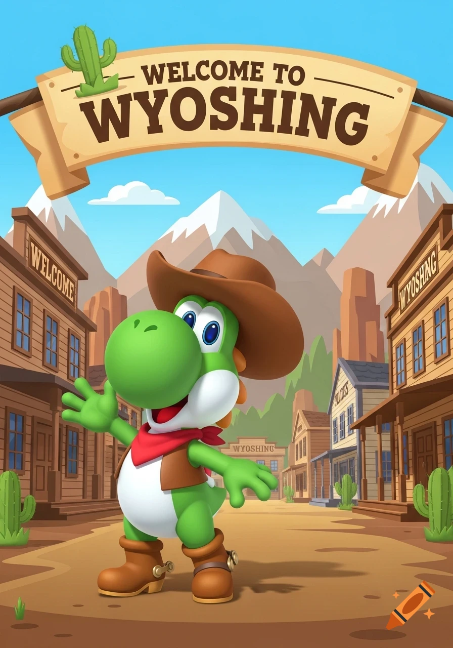 Cartoon Yoshi in a cowboy hat and vest, waving in a Wild West town with mountains and a banner reading "Welcome to Wyoshing".