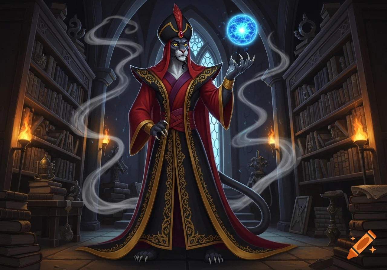 A black tabaxi in a red and black Jafar-like robe holds a glowing blue orb in a dimly lit library with torches.