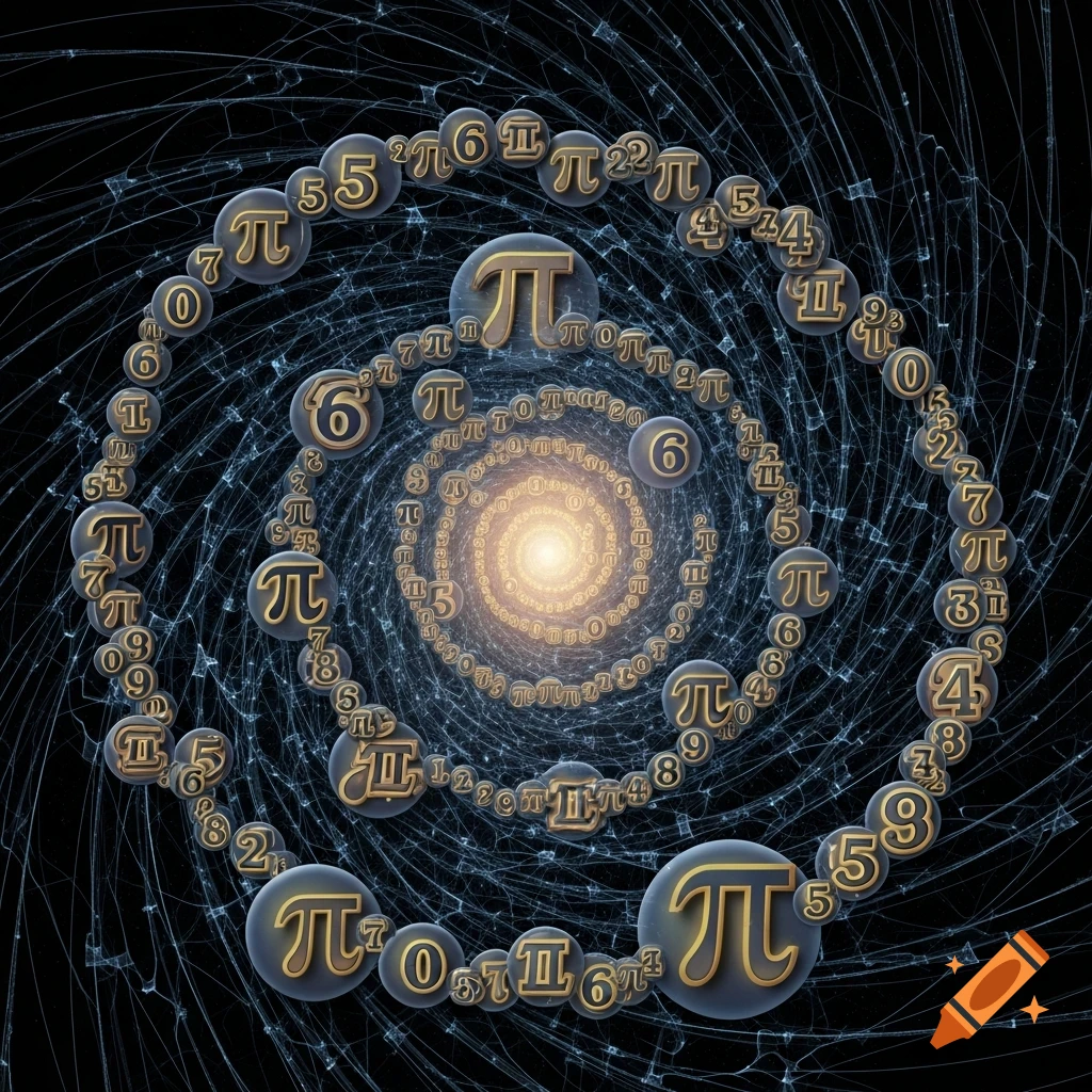 A golden spiral of 3D metallic Pi symbols and various numbers against a dark, cosmic, abstract background with a glowing center.