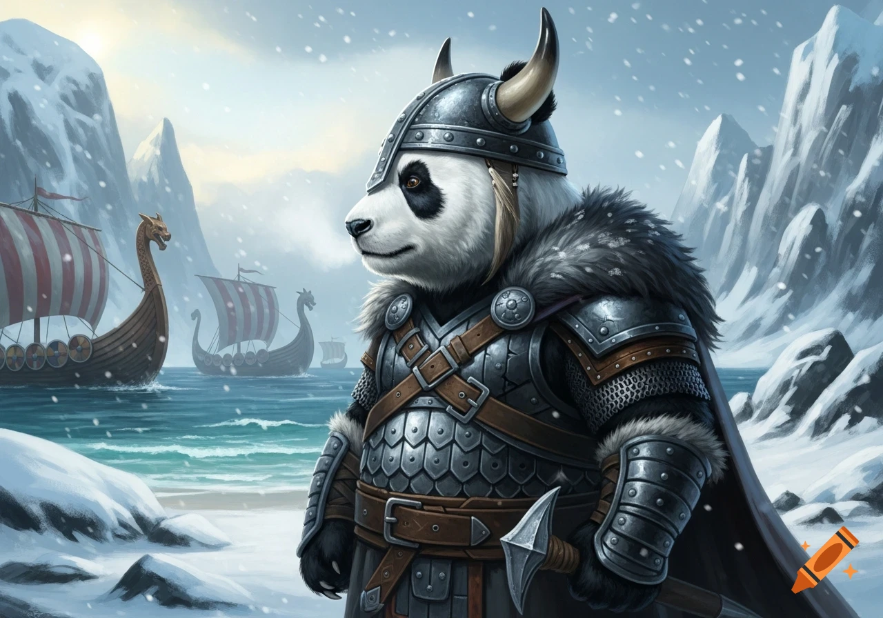 A fierce viking panda in full armor with a horned helmet stands on a snowy beach, looking left, with viking ships and mountains behind.