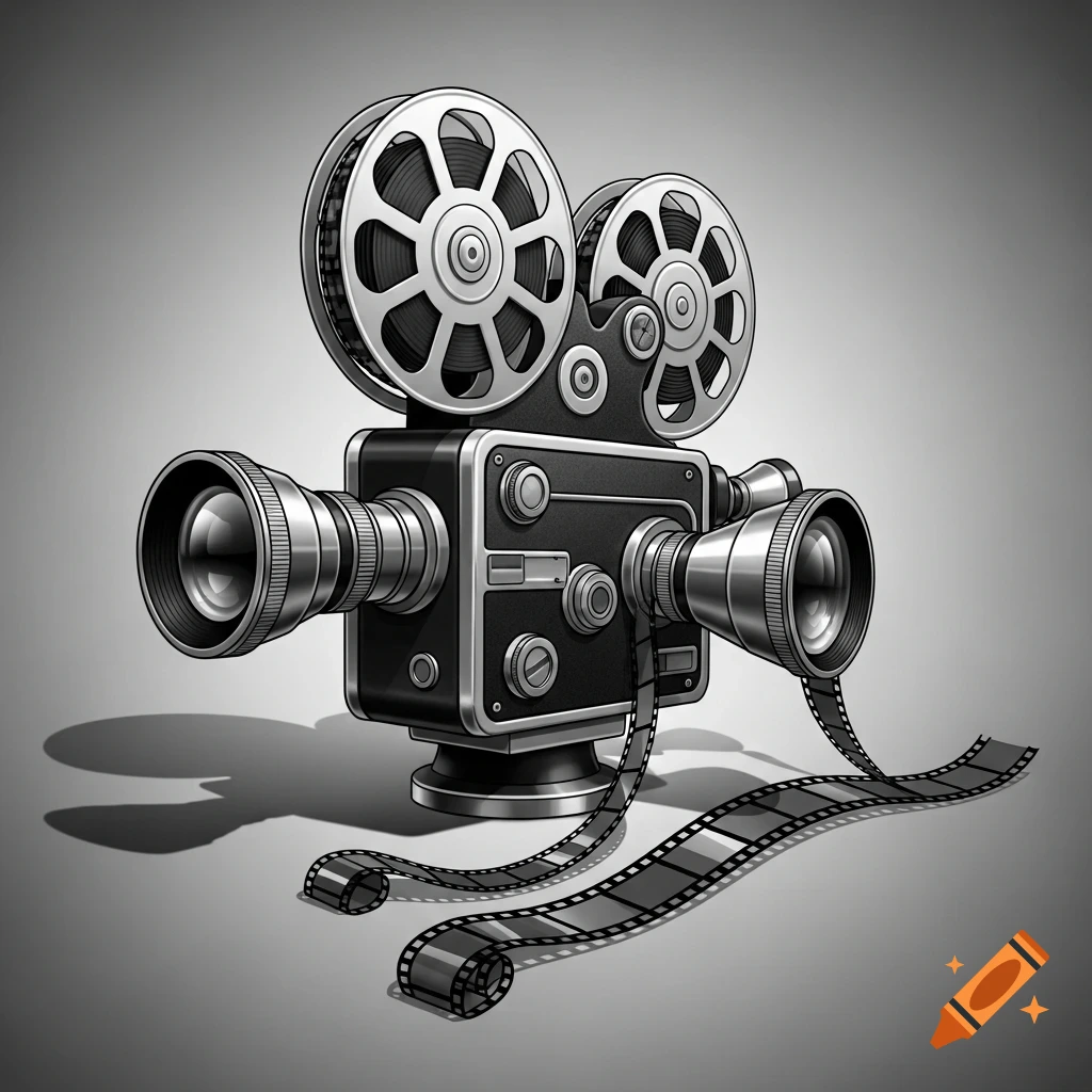 A black and white illustration of a vintage movie camera with film unwinding from its reels.