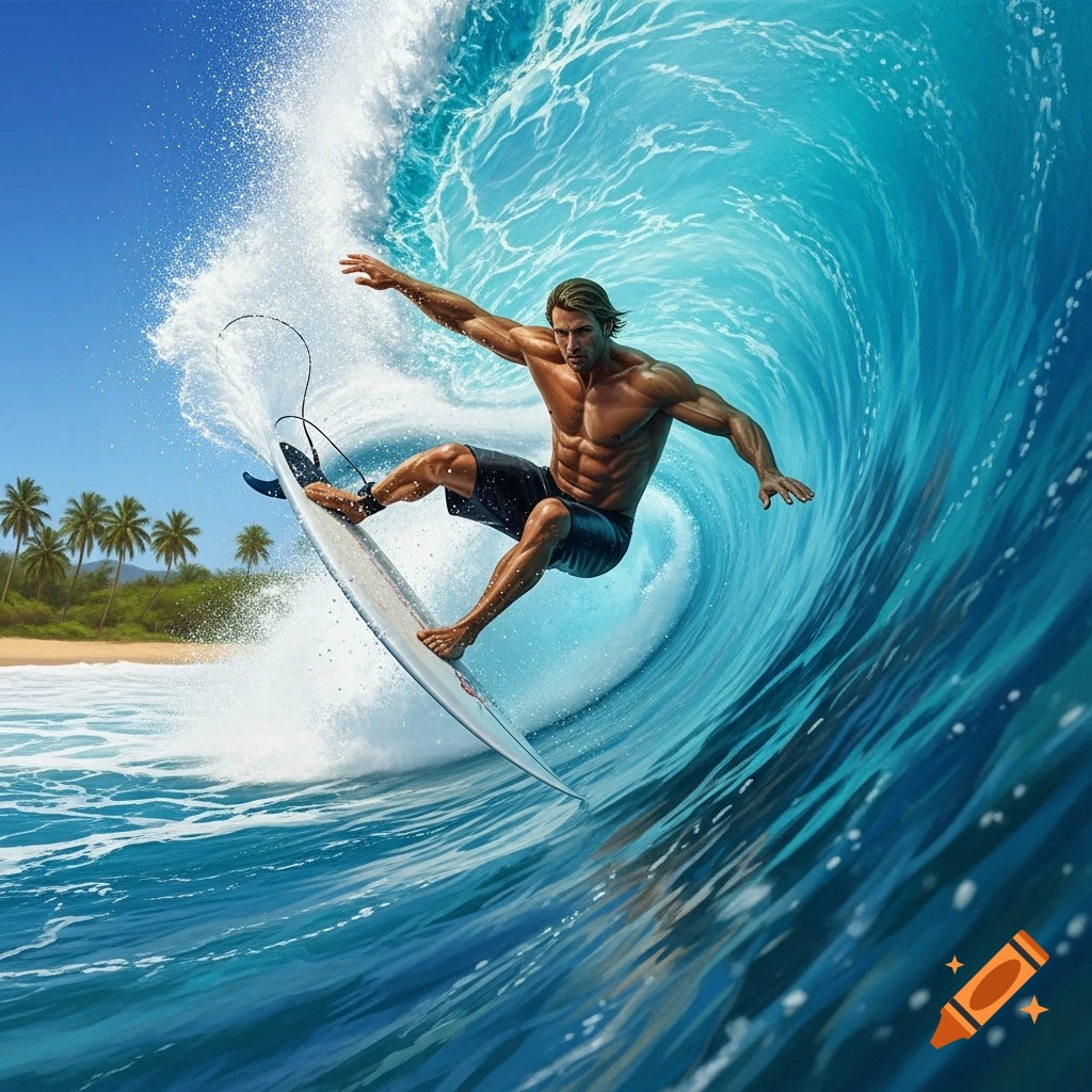 Muscular surfer expertly riding a large blue wave with a tropical beach and palm trees in the background.