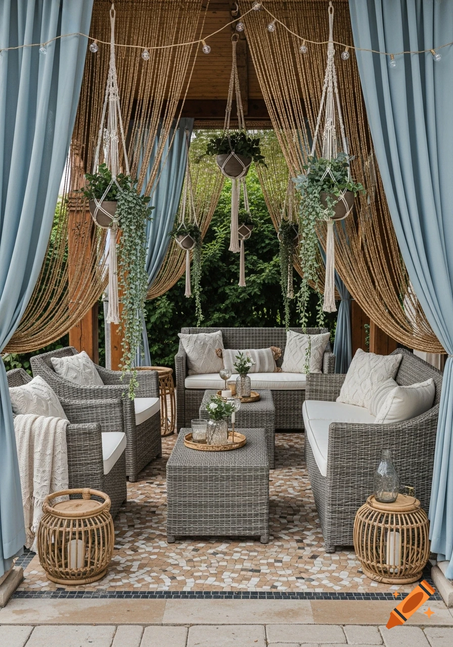 Bohemian outdoor patio with gray rattan furniture, blue and beaded curtains, string lights, and hanging macrame planters.