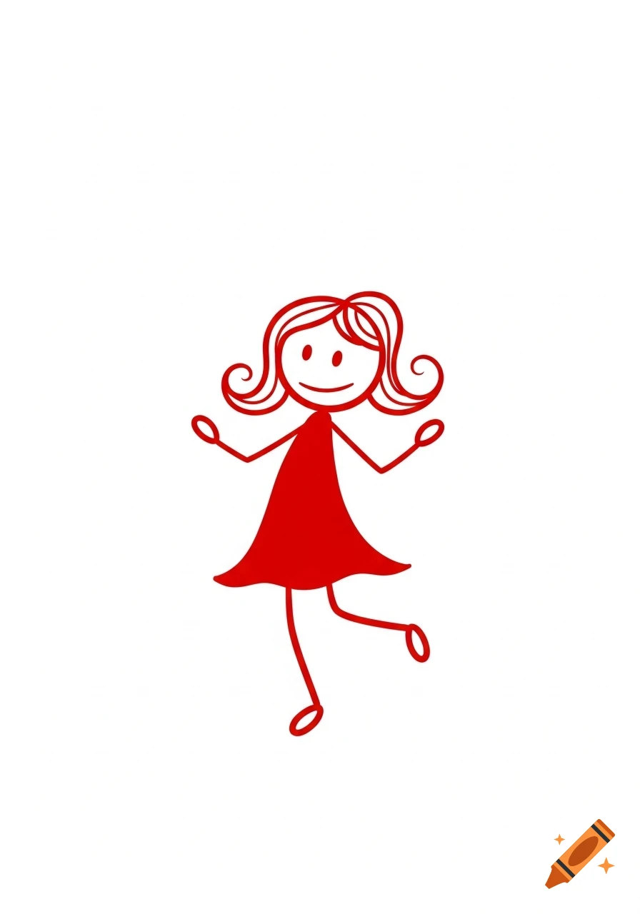 Red stick figure drawing of a smiling girl with curly hair and a dress, in a playful pose on a white background.