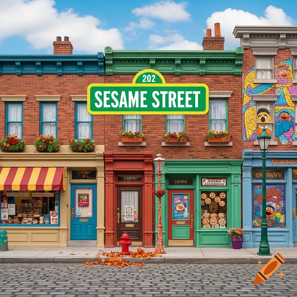A colorful street scene depicting Sesame Street, featuring red brick buildings with teal, green, brown, and blue facades, shopfronts, and a large sign that reads '202 SESAME STREET' against a blue sky.