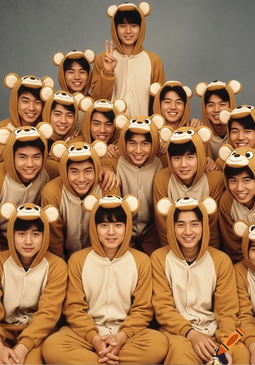 A group of smiling young Asian men in brown animal-themed onesies, with one making a peace sign, in a vintage style photo.