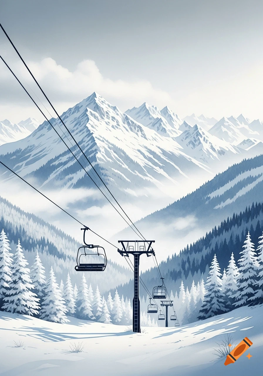 Watercolor painting of a snowy mountain landscape with a ski lift, gondolas, and evergreen trees.