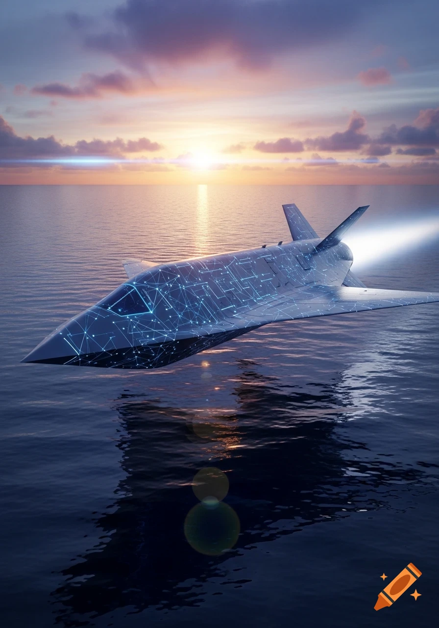 Photorealistic image of a sleek, futuristic aircraft with glowing network patterns flying low over a vast ocean at sunset.