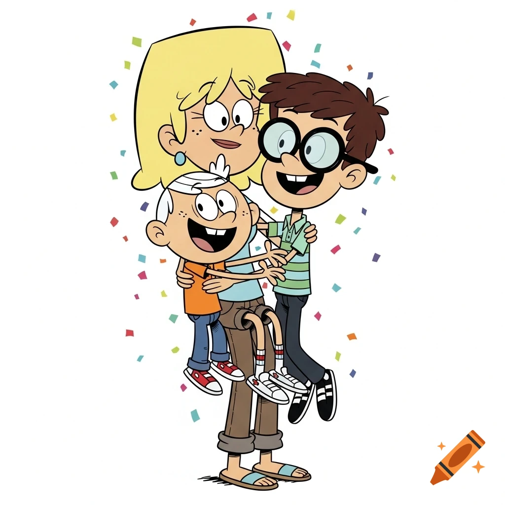 Cartoon of Lori Loud holding Lincoln and Clyde on her legs, all laughing joyfully amidst confetti.