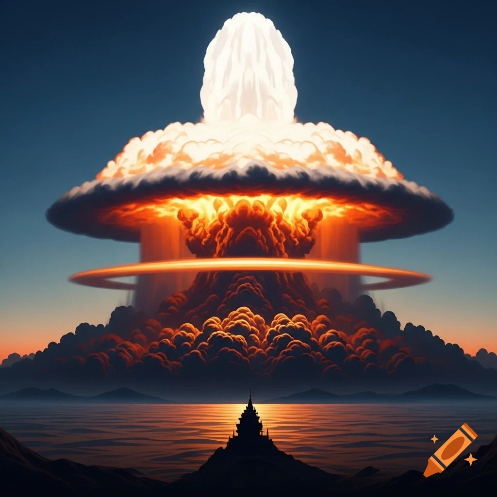 A vibrant mushroom cloud from a distant explosion rises over a dark landscape and reflective water, under an orange-blue sky.