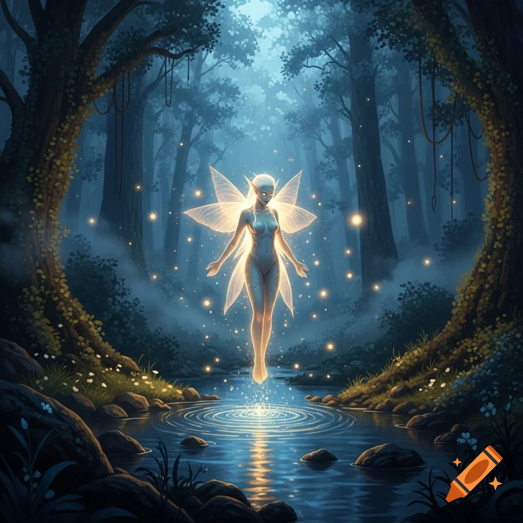 A radiant fairy with glowing wings hovers over water, creating ripples, in a mystical, dark forest illuminated by sparkling light.