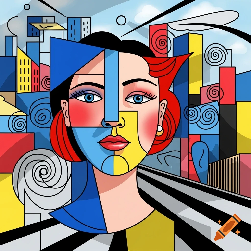 Cubist portrait of a woman with geometric facial features in blue, red, and yellow, against an abstract cityscape.