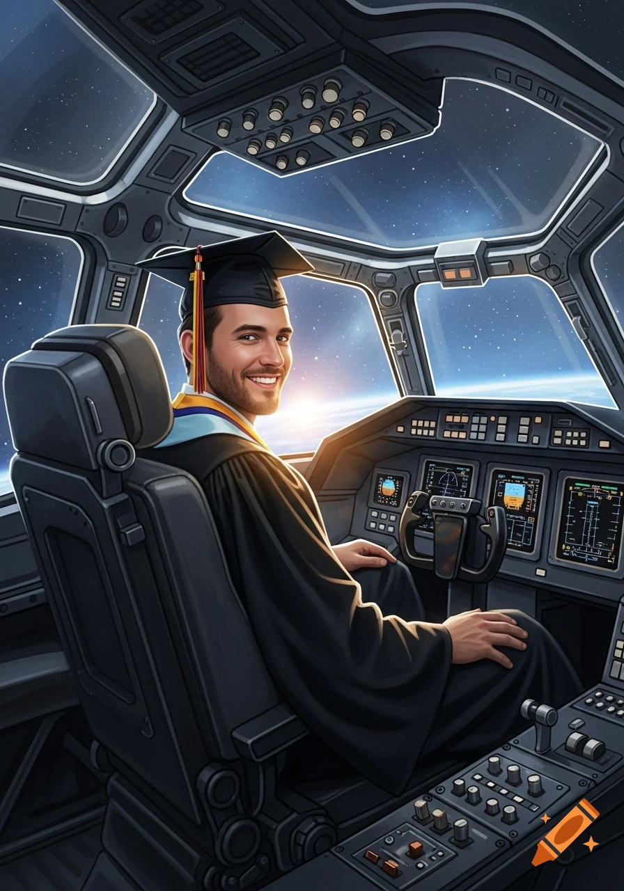 A smiling college graduate in a cap and gown sits in a futuristic spaceship cockpit, gazing at a starry space.