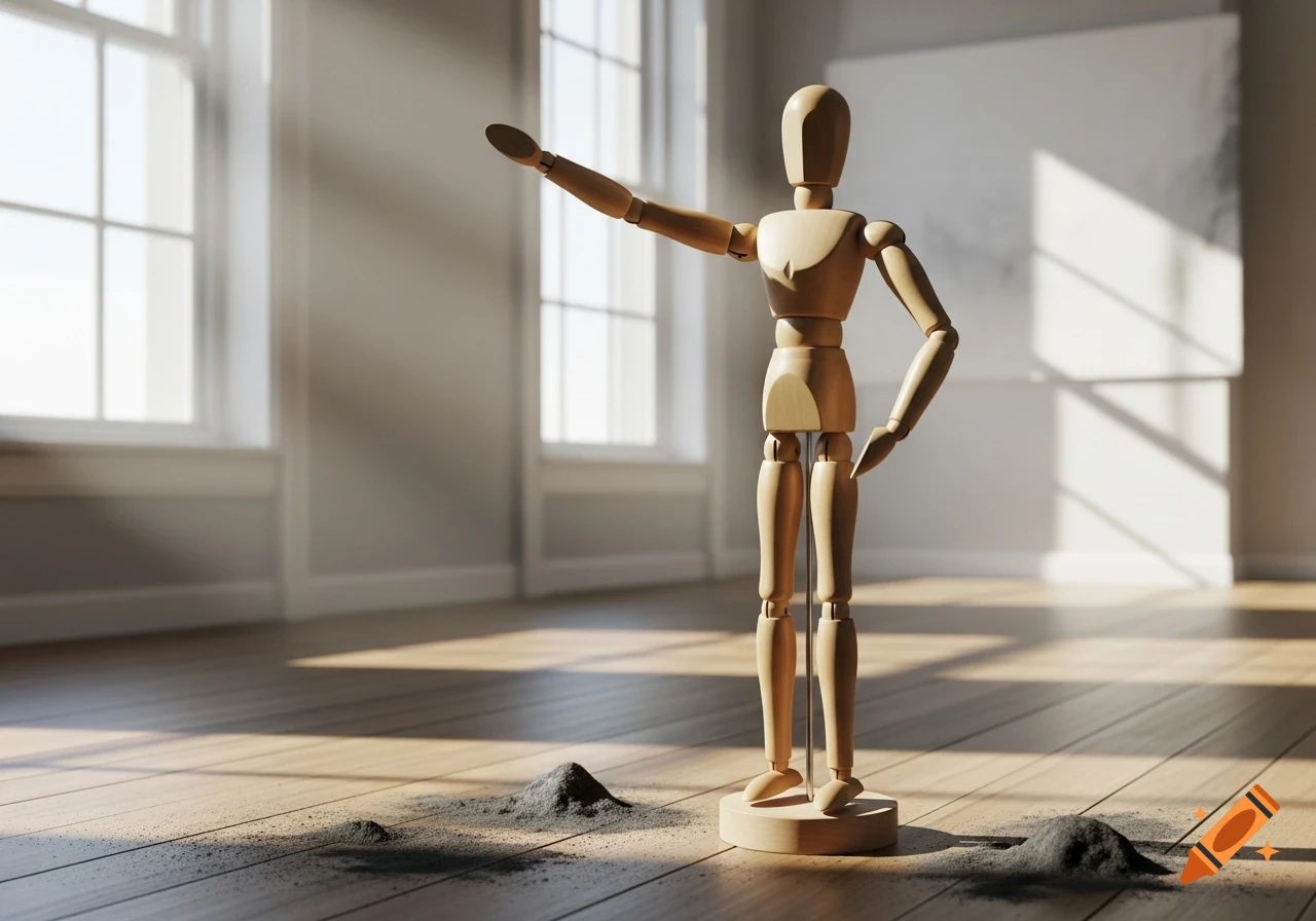 A wooden mannequin stands with one arm extended in a sunlit room with hardwood floors and scattered dark material.