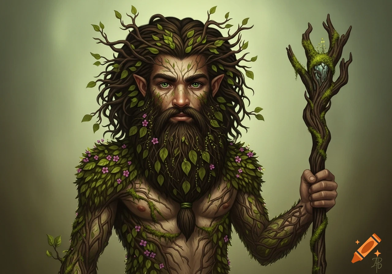 A mystical man with green eyes, a thick beard, and pointed ears, his body covered in roots, leaves, and flowers, holding a mossy wooden staff.