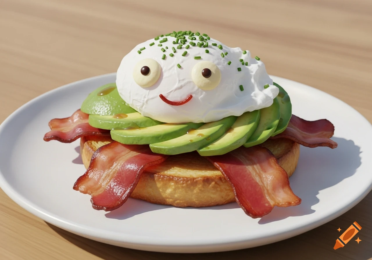 A whimsical breakfast dish resembling a turtle, with a poached egg head, avocado shell, and bacon strips as legs on a piece of toast.