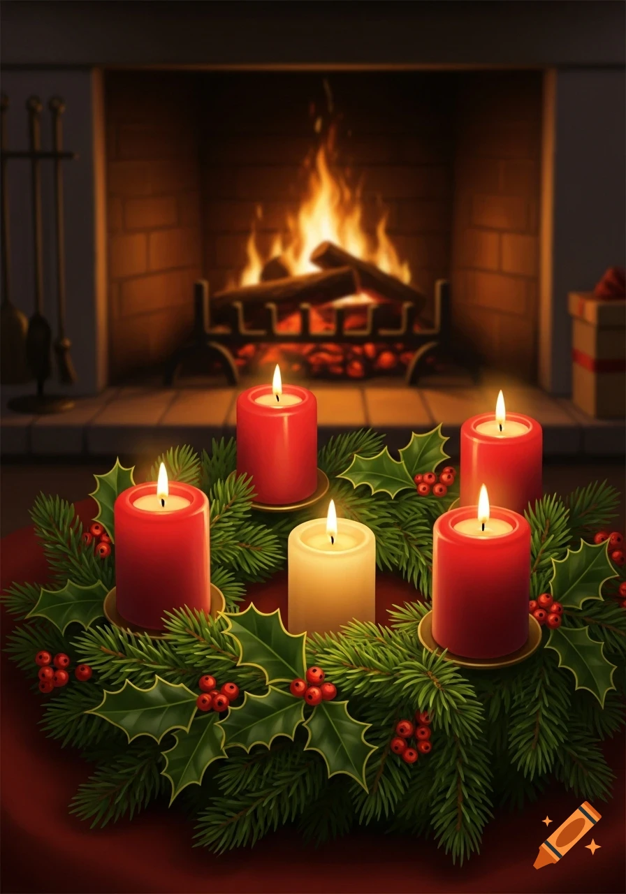 An Advent wreath with five lit candles, four red and one white, sits in front of a cozy burning fireplace.