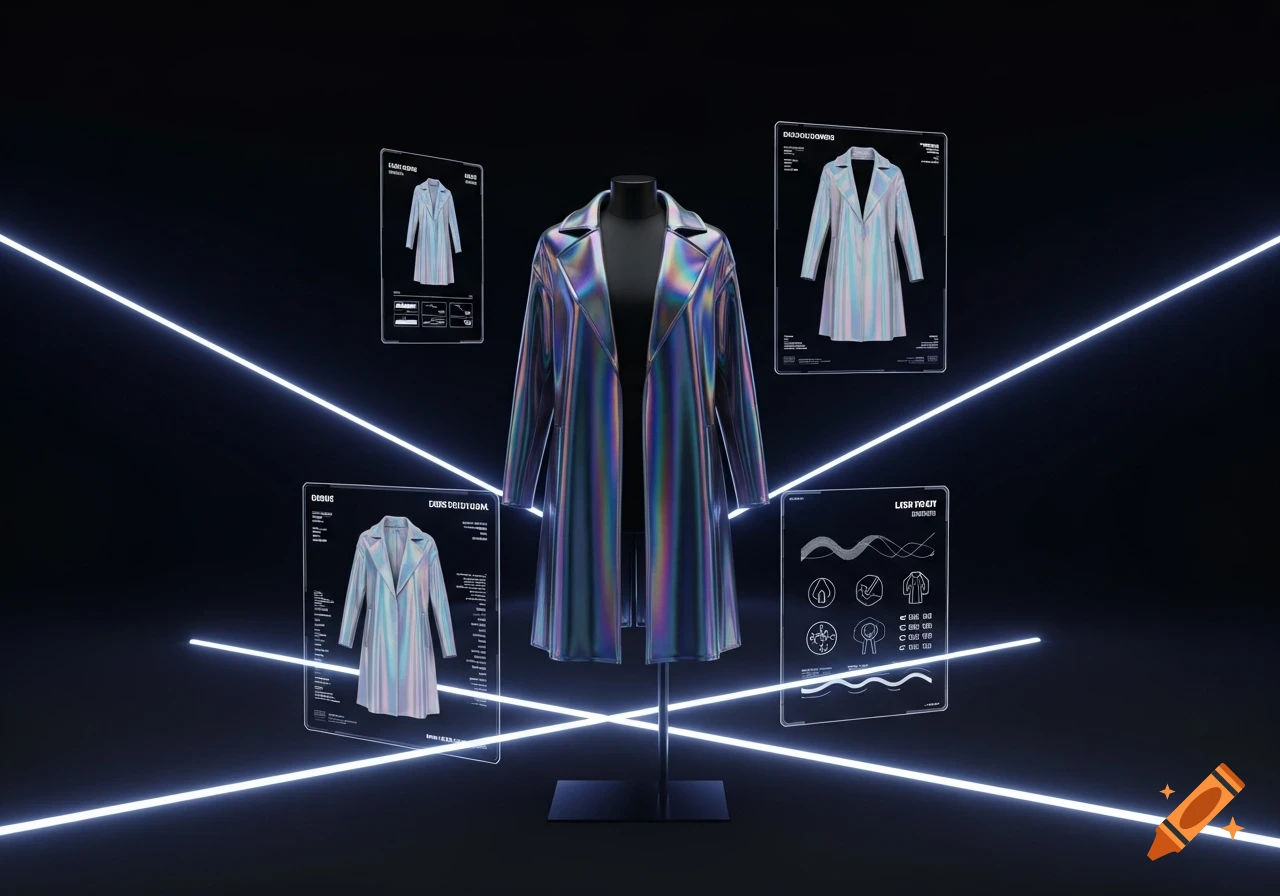 A holographic, iridescent coat on a mannequin surrounded by glowing screens and neon lights, in a futuristic product display.