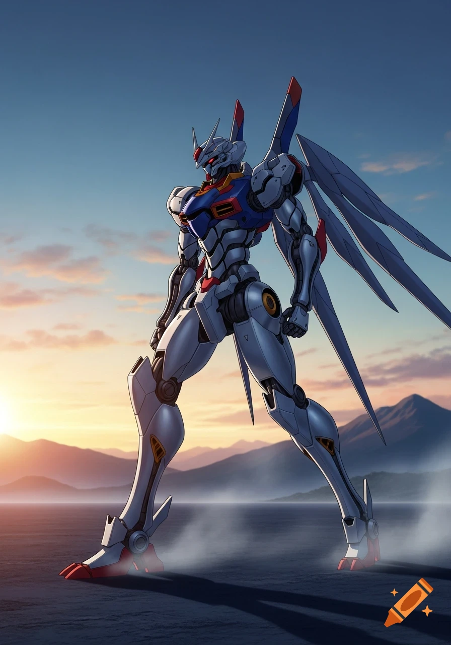 A slim, winged anime mech with red eyes and detailed armor walks across a plain against a sunset sky with distant mountains.