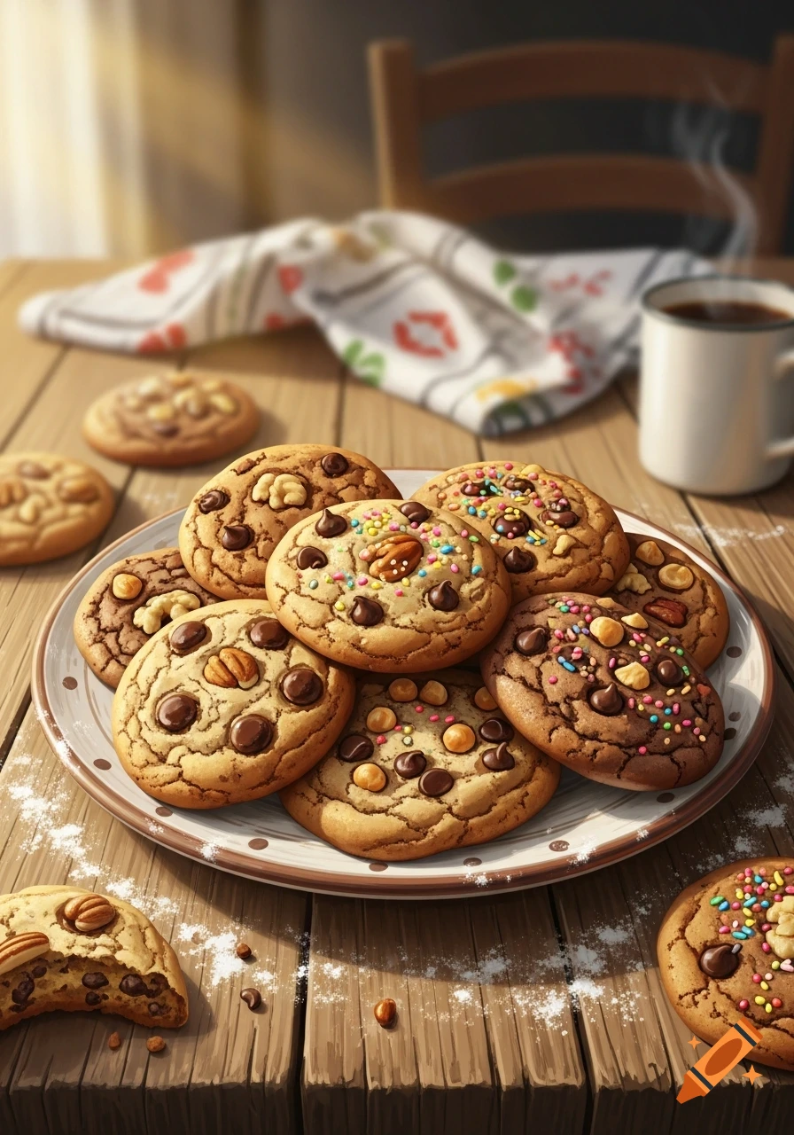 A plate of assorted cookies with chocolate chips, nuts, and sprinkles, on a wooden table with a steaming coffee cup and patterned napkin.