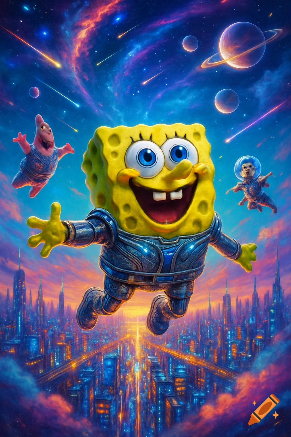 SpongeBob, Patrick, and a squirrel-like astronaut float above a vibrant futuristic city under a cosmic sky with planets and meteors.