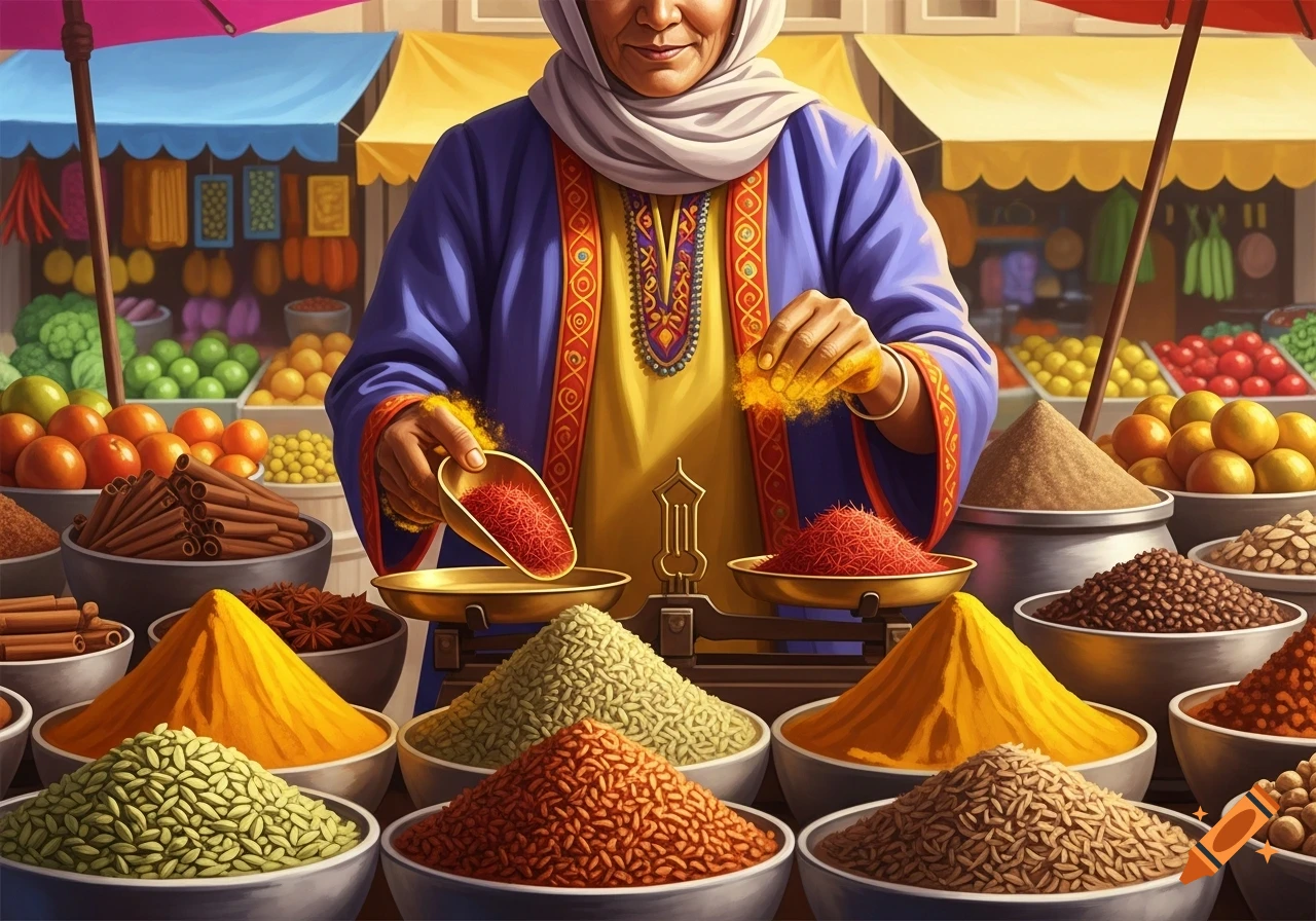 A person in traditional attire sells various colorful spices and herbs from large bowls at a vibrant market stall.