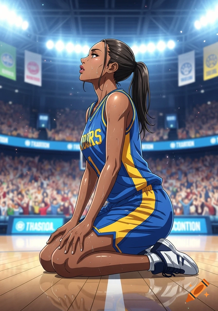 Anime woman in a blue and yellow basketball jersey kneeling on a court, looking up, with a crowd in the background.
