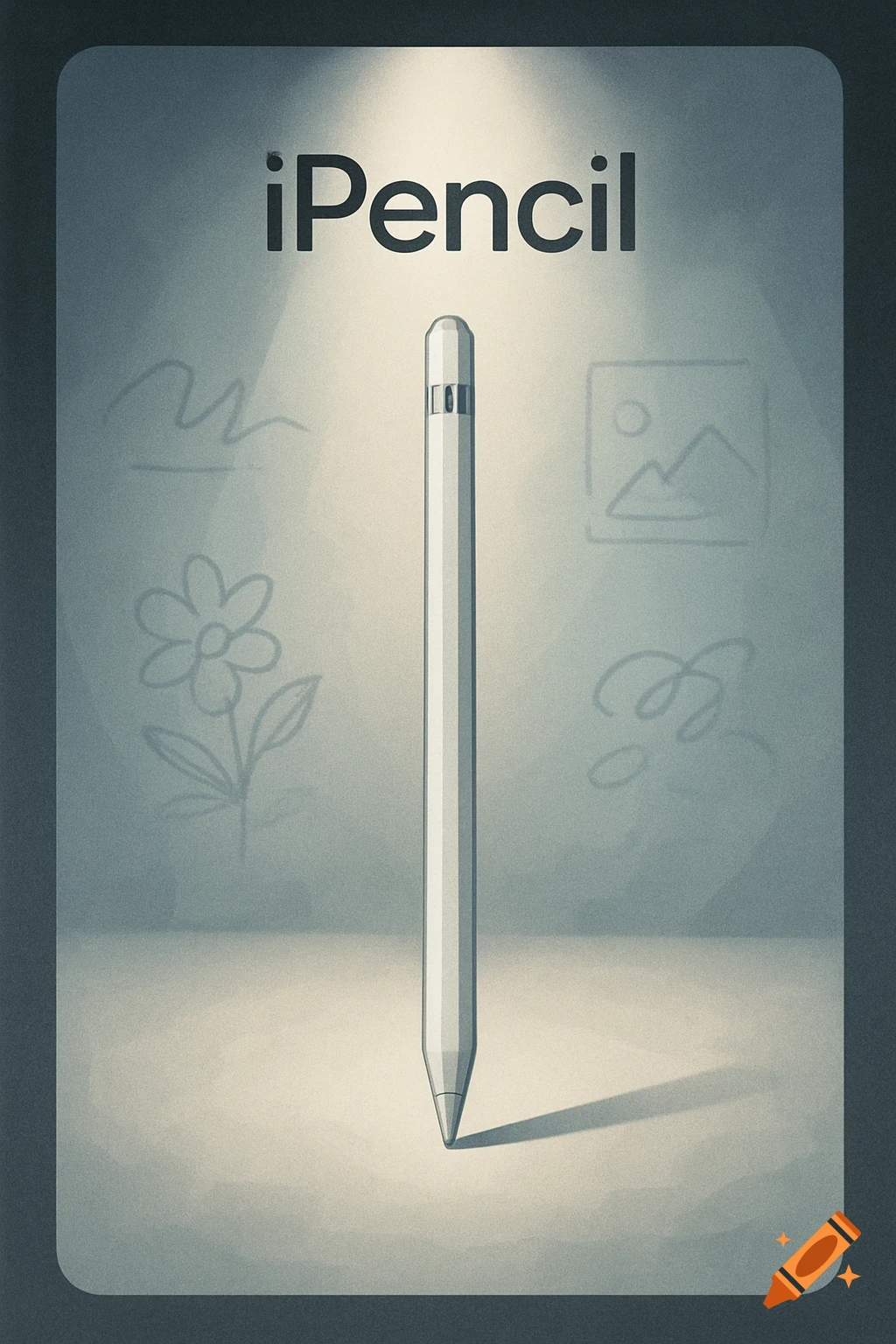 A stylized poster featuring a white digital pencil standing upright, with 'iPencil' text and simple sketches on a grey background.