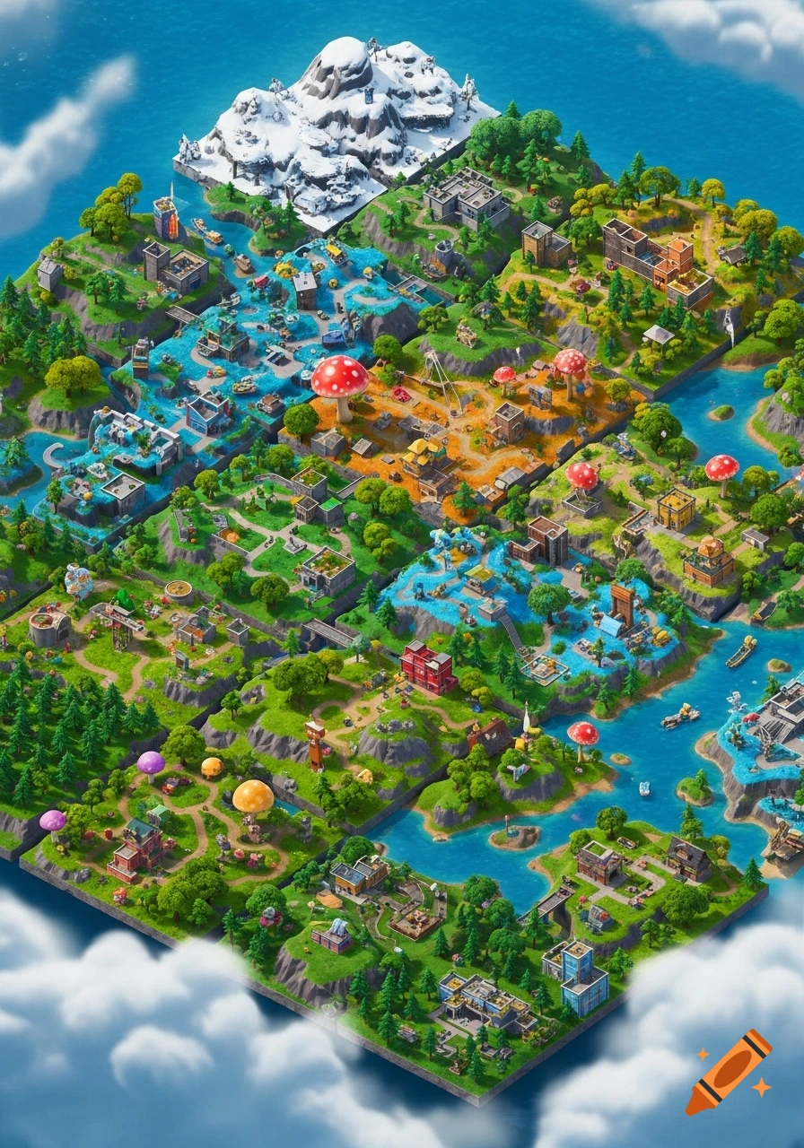 Colorful isometric video game map with diverse biomes including snowy mountains, forests, rivers, buildings, and giant mushrooms.