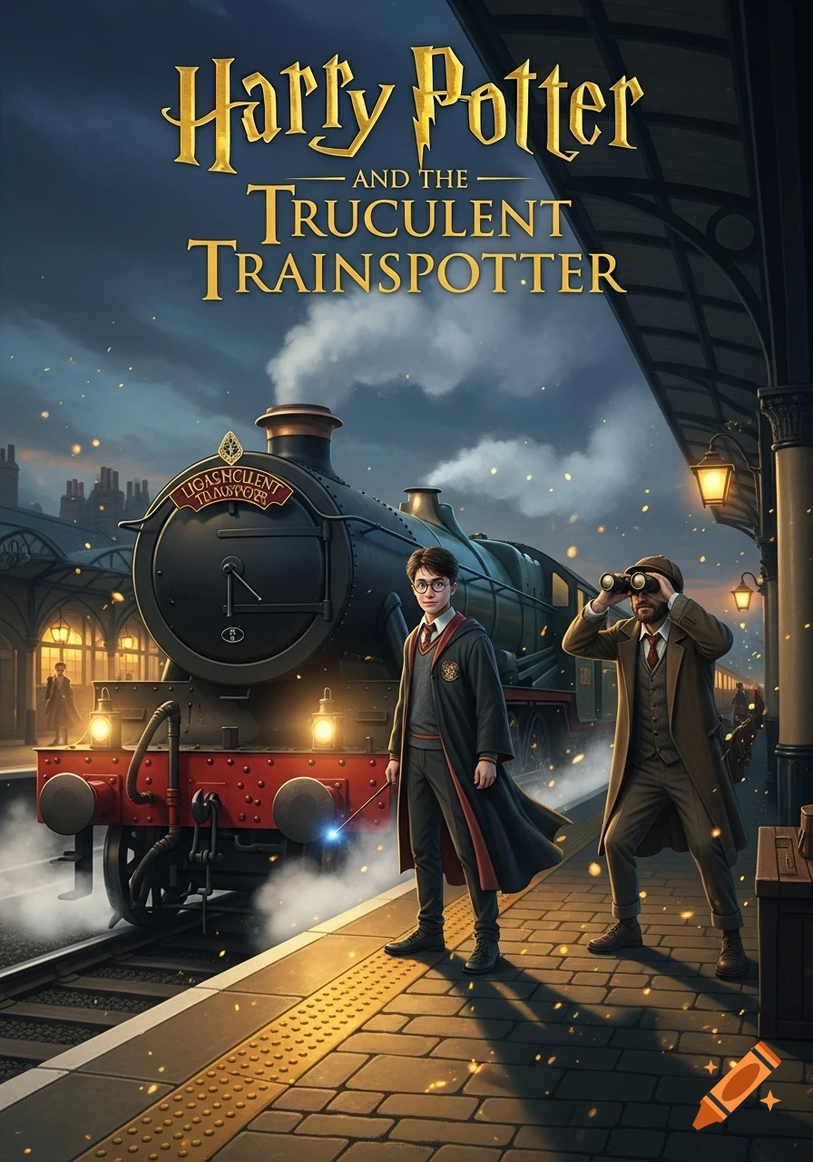 An illustrated book cover features Harry Potter and a man with binoculars on a train platform, next to a steam train, with the title Harry Potter and the Truculent Trainspotter.