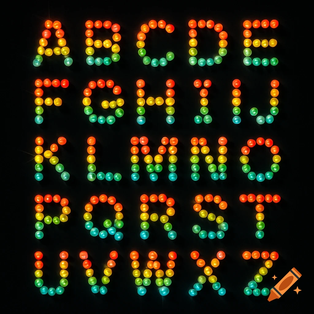 Full English alphabet A-Z formed by glowing, colorful rainbow-gradient dots against a black background.