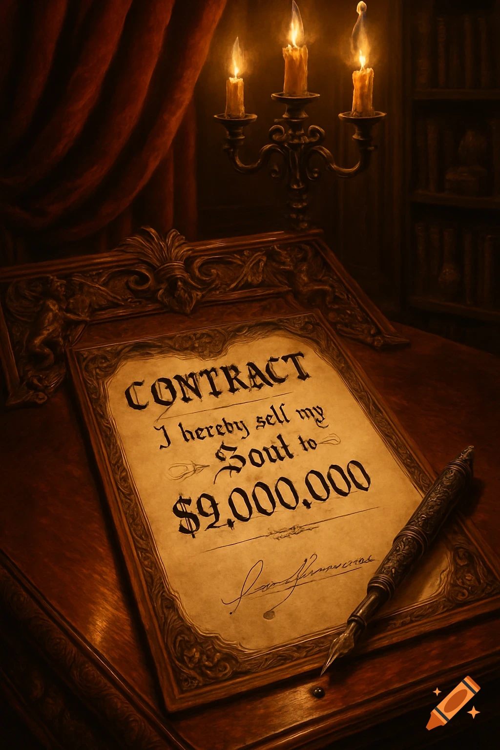 An old, ornate contract titled 'CONTRACT I hereby sell my Soul to $9,000,000' with a quill pen on a desk by candlelight.