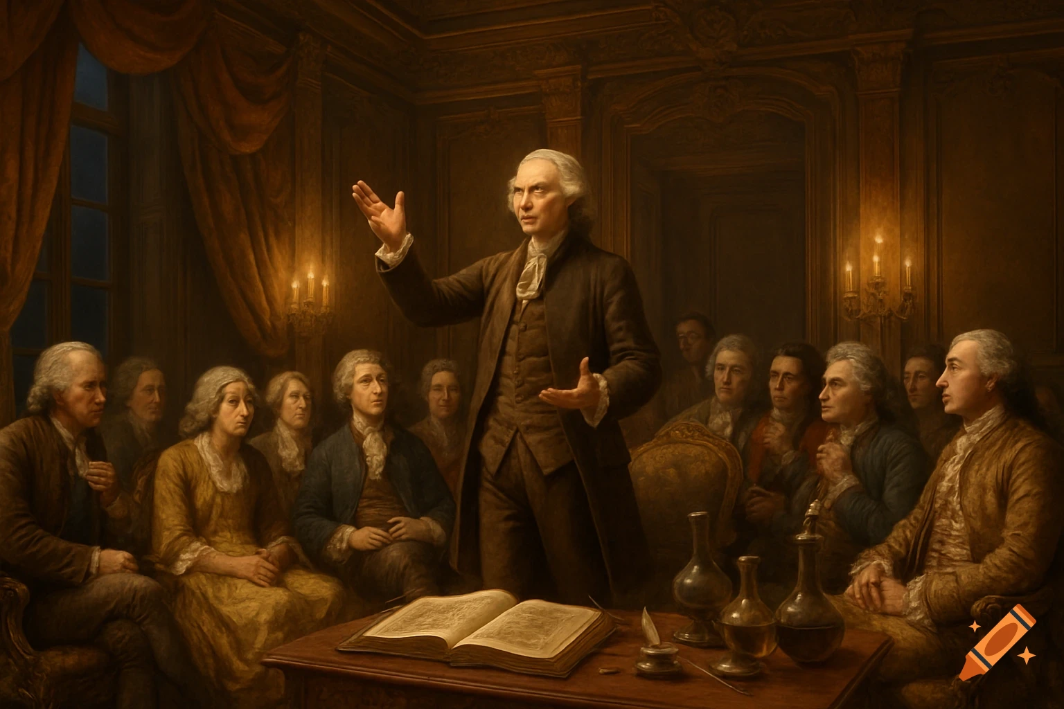 A man in 18th-century attire gestures while speaking to a group of men and women in a candlelit, ornate room, resembling a classical painting of an Enlightenment salon.