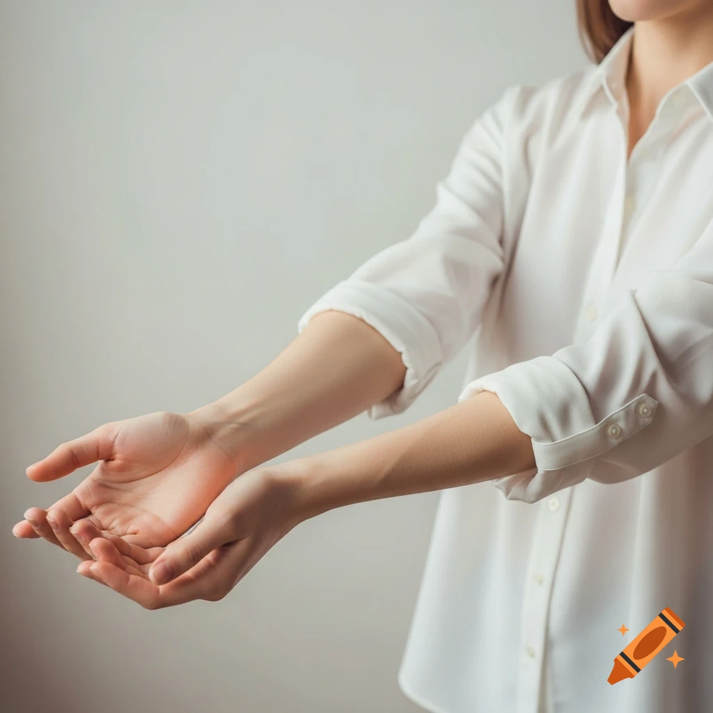 A person in a white button-up shirt extends their arms forward with palms open and upturned, as if receiving or offering.