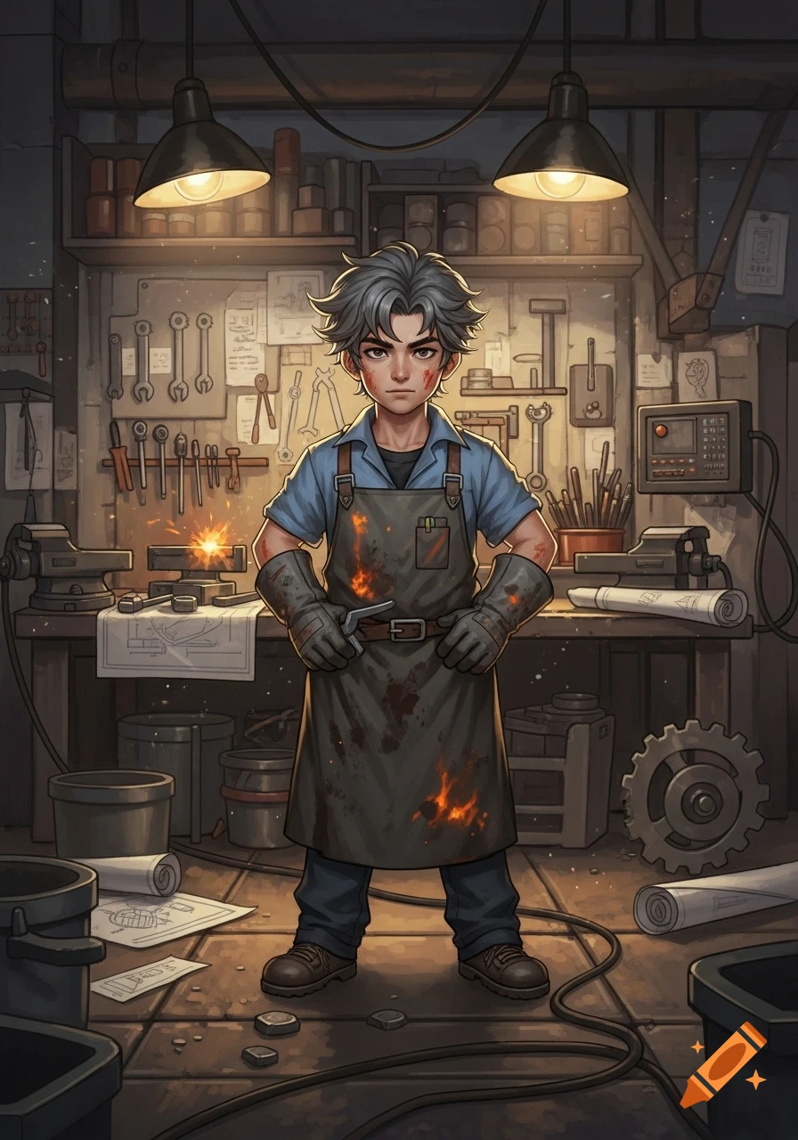 An anime-style young man with messy grey hair, wearing a dirty apron and gloves, stands in a cluttered workshop with tools and a workbench.