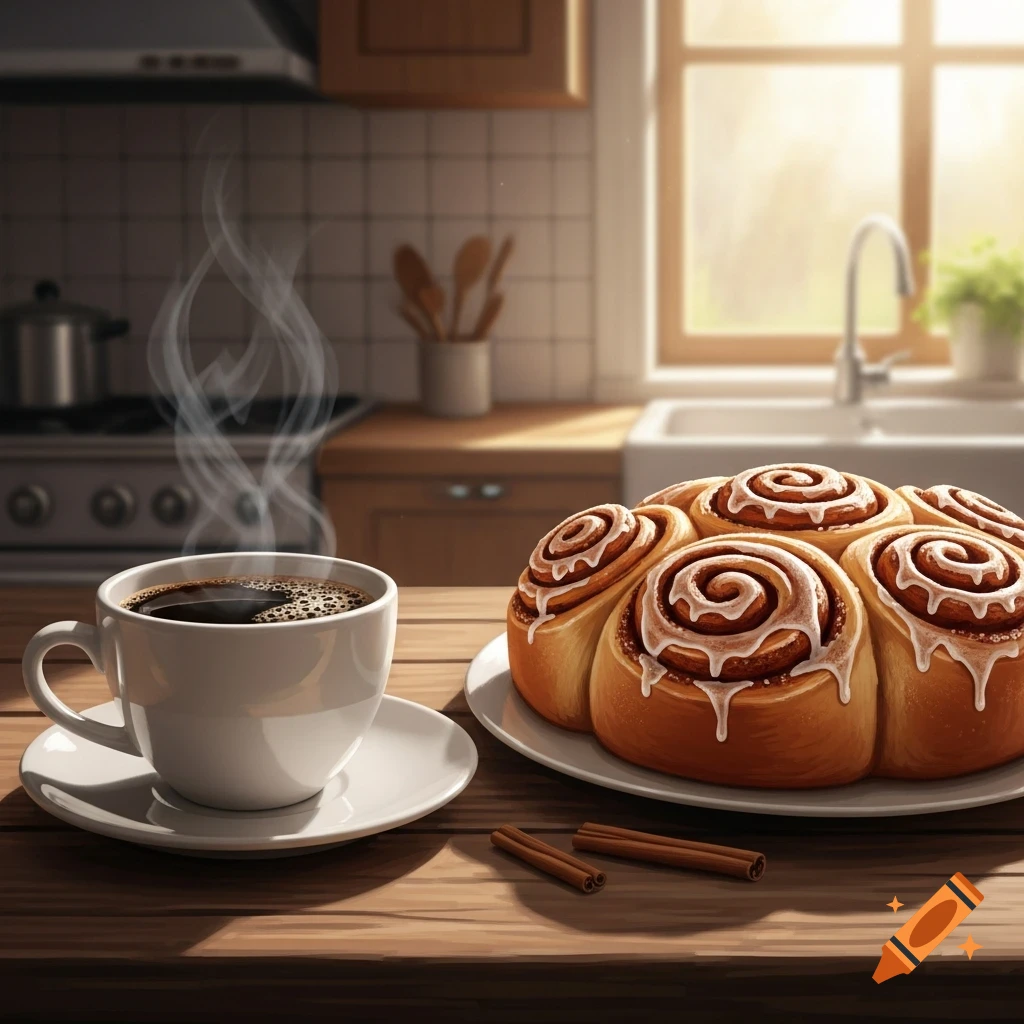 A steaming cup of coffee and a plate of frosted cinnamon rolls on a wooden kitchen counter in a sunlit kitchen.