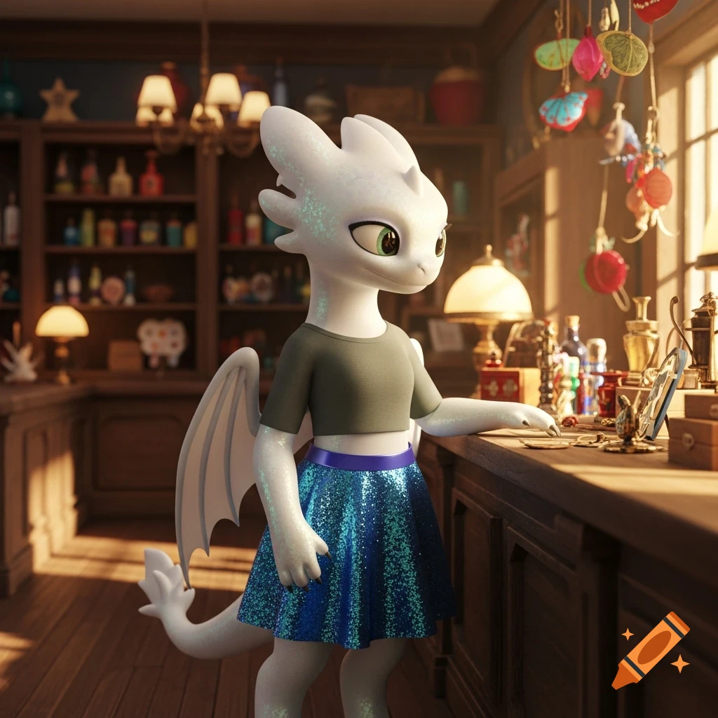 A 3D rendered Light Fury dragon wearing a green crop top and blue glittery skirt stands in a charming shop.