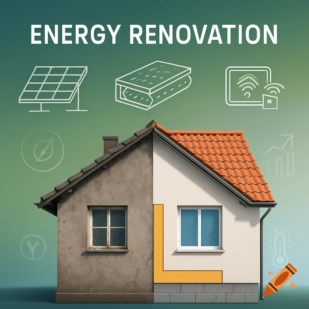 House split showing old vs. new energy renovation, with insulation, solar panels, and smart home icons, labeled "ENERGY RENOVATION".