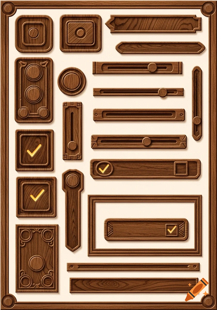 A collection of intricately carved wooden GUI elements, including buttons, sliders, checkboxes, and decorative frames.