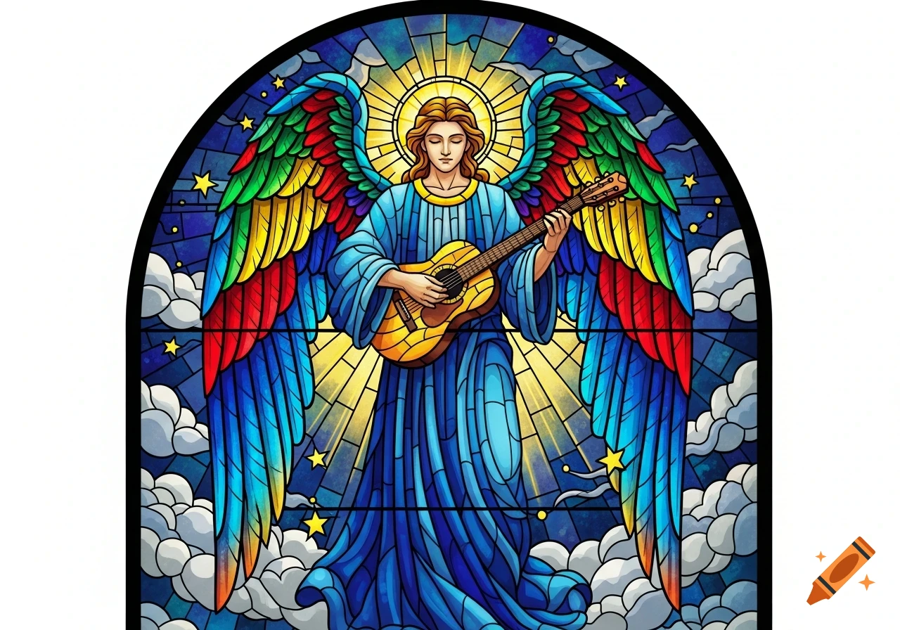 Stained glass art of a male angel with colorful wings playing a guitar against a starry sky with sun rays.