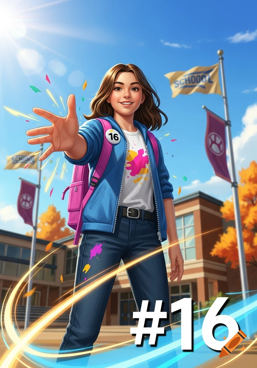 A smiling student with a pink backpack reaches out in a bright cartoon illustration. She stands before a school with flags and text '16'.