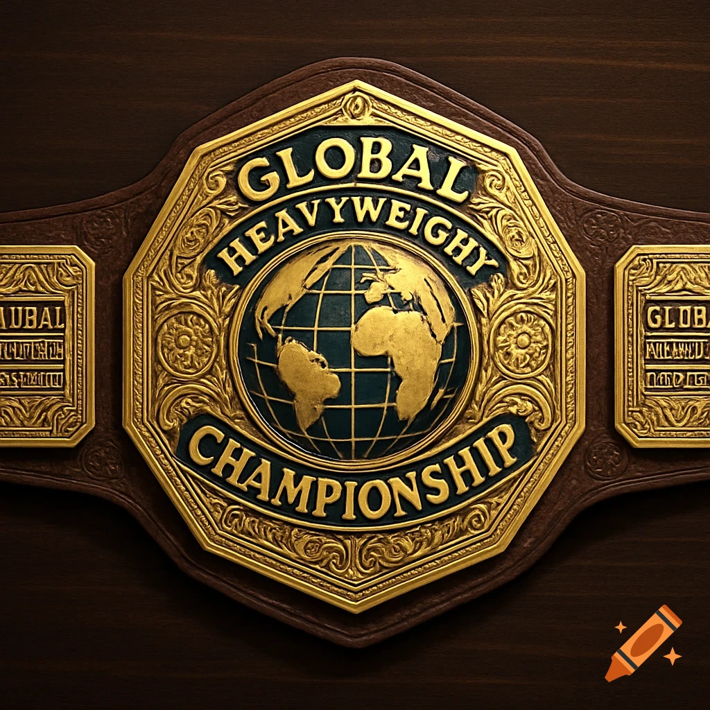 A detailed gold and dark brown wrestling championship belt with a globe and the words 'GLOBAL HEAVYWEIGHT CHAMPIONSHIP' on the main plate.