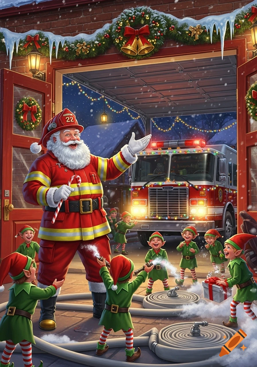 Detailed illustration of Santa Claus in a firefighter uniform waving, surrounded by playful elves in a festive fire station with a decorated fire truck.
