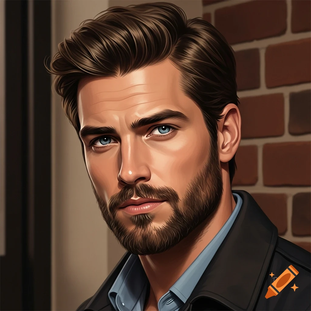 Stylized portrait of a handsome man with brown hair, beard, and blue eyes, wearing a dark jacket, against a brick wall.