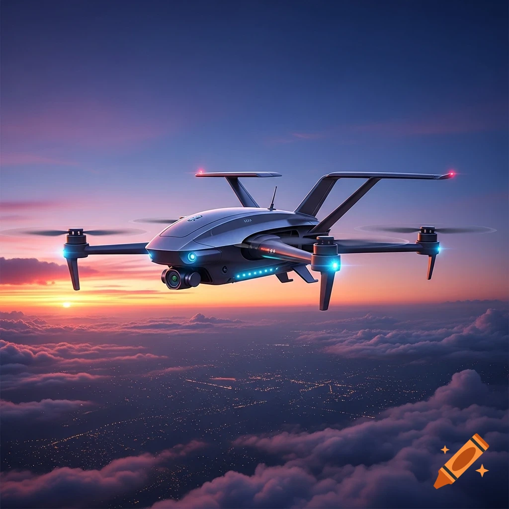 Futuristic grey drone with blue lights flying over a city glowing through clouds at sunset, photorealistic.