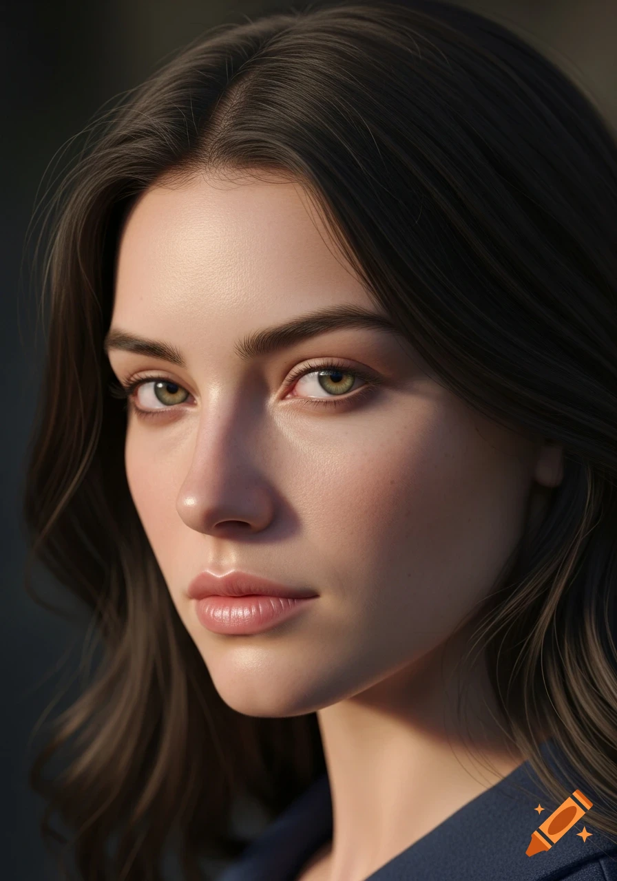 Photorealistic close-up portrait of a young woman with dark hair and green eyes, illuminated by warm sunlight.