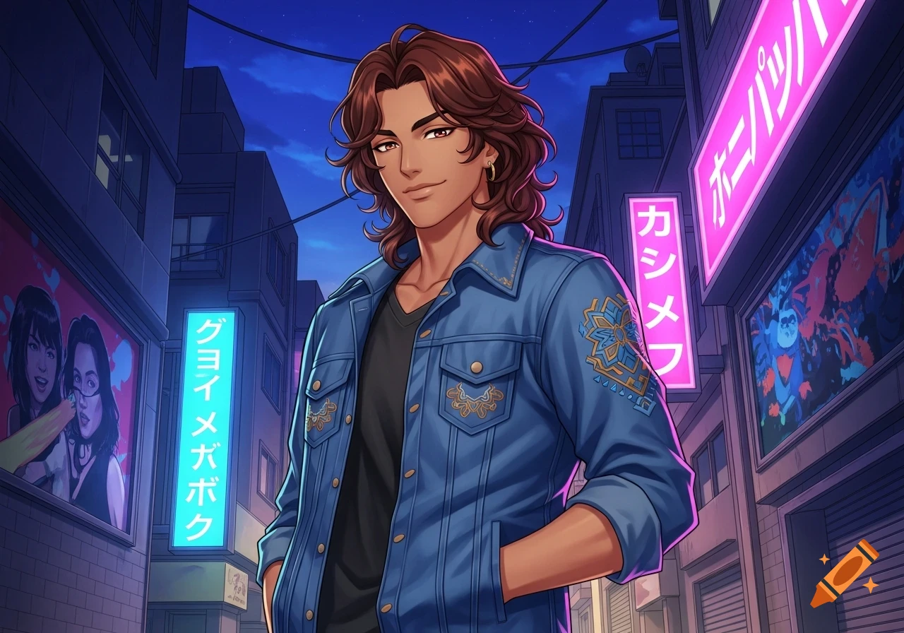 Anime male character with brown wavy hair and a denim jacket stands in a neon-lit city street at night.